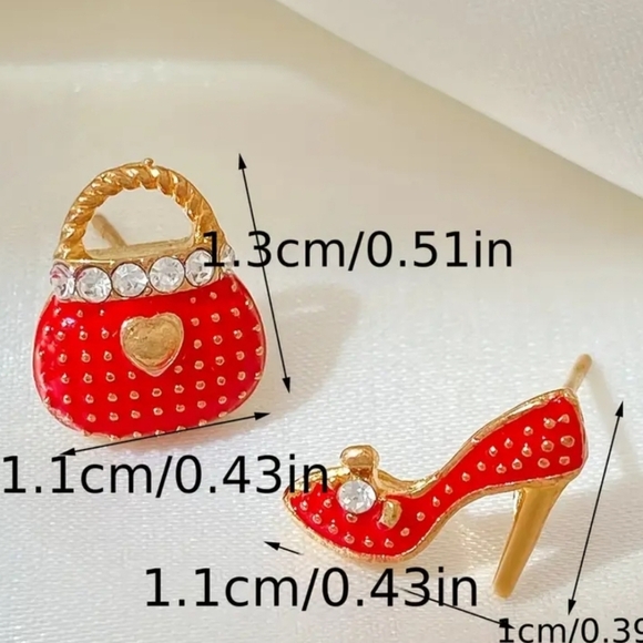 Purse And Heels Red 14K Plated Shiny Alloy Rhinestone Earrings. - Picture 5 of 6